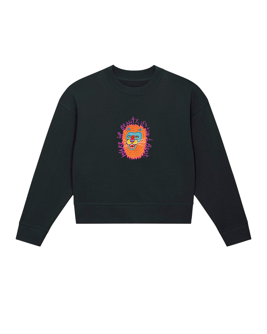 Lion - WAKE UP BEAUTY, IT'S TIME TO BEAST. Embroidered WOMEN'S CROPPED CREW NECK SWEATSHIRT