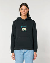 Load image into Gallery viewer, Person wearing a black hoodie with a embroidery design.
