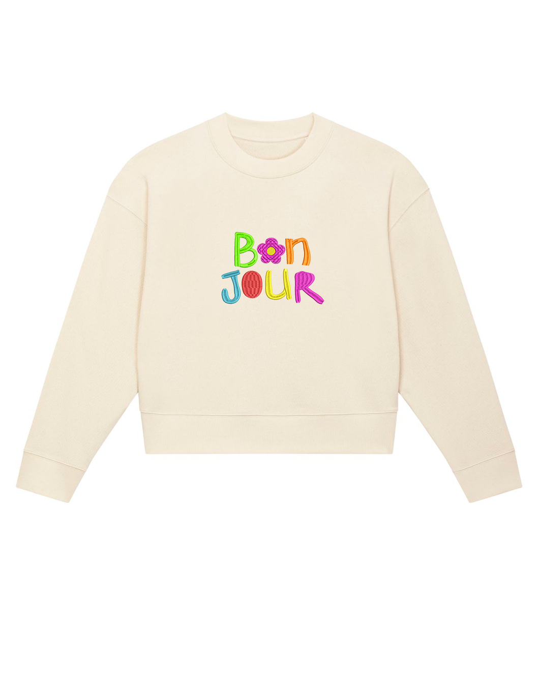 B🌸N JOUR Embroidered WOMEN'S CROPPED CREW NECK SWEATSHIRT /WAVE TERRY/