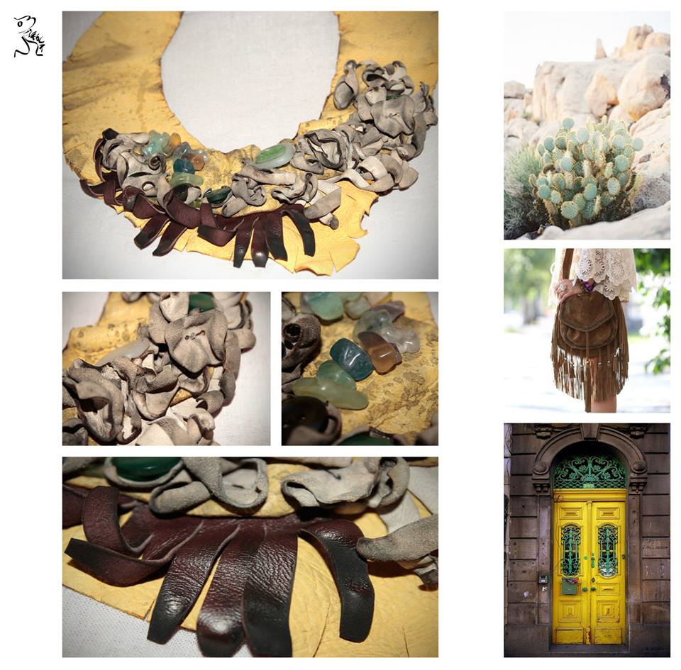 Sand & cactus necklace - LEATHER, WOOL, SEMIPRECIOUS STONES