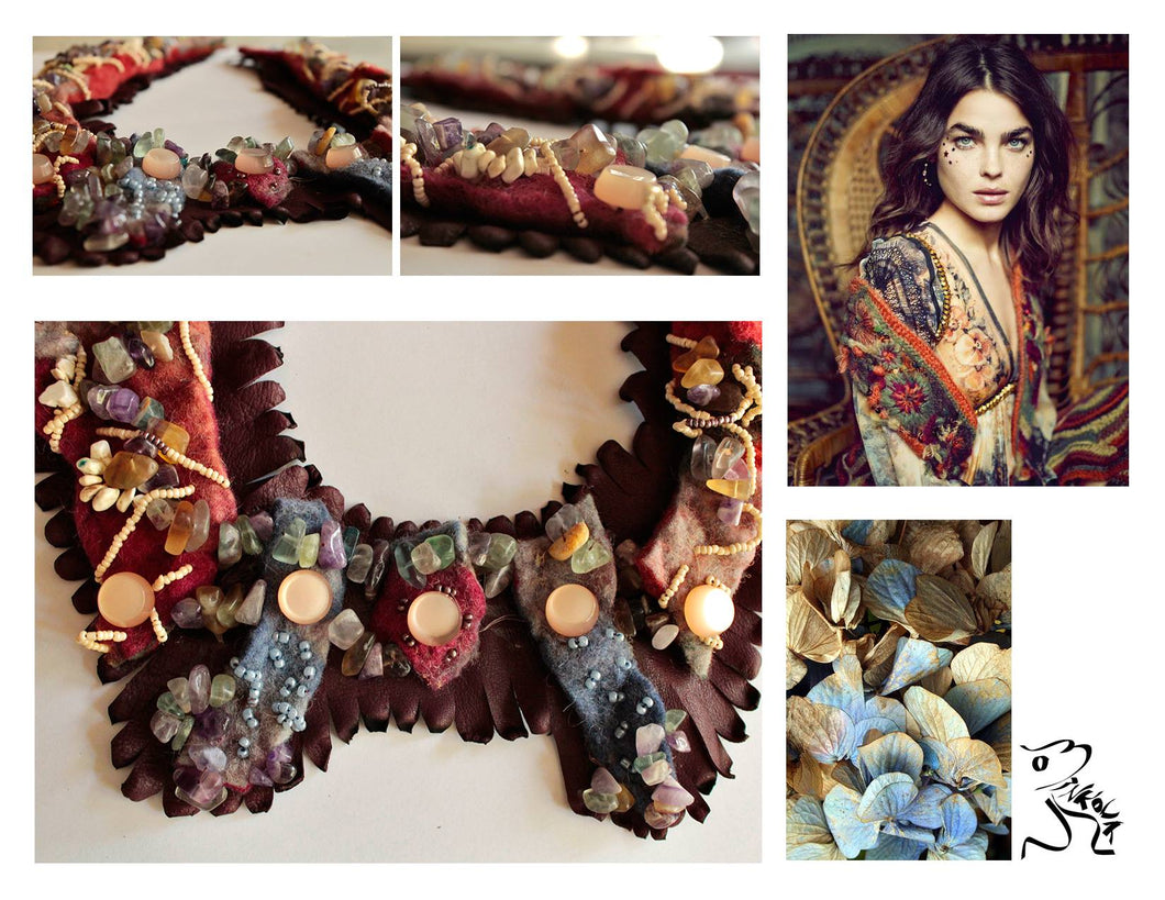 Butterflies necklace - LEATHER, WOOL, SEMIPRECIOUS STONES, BEADS