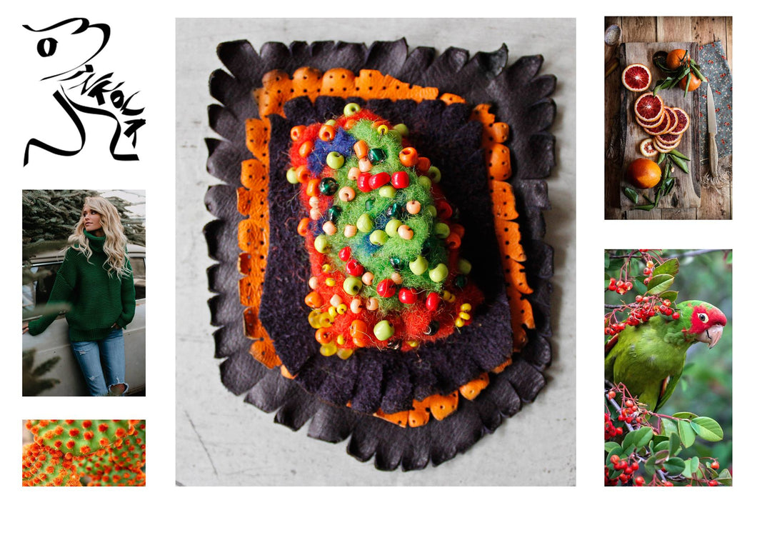 Fruits brooch LEATHER, WOOL, BEADS