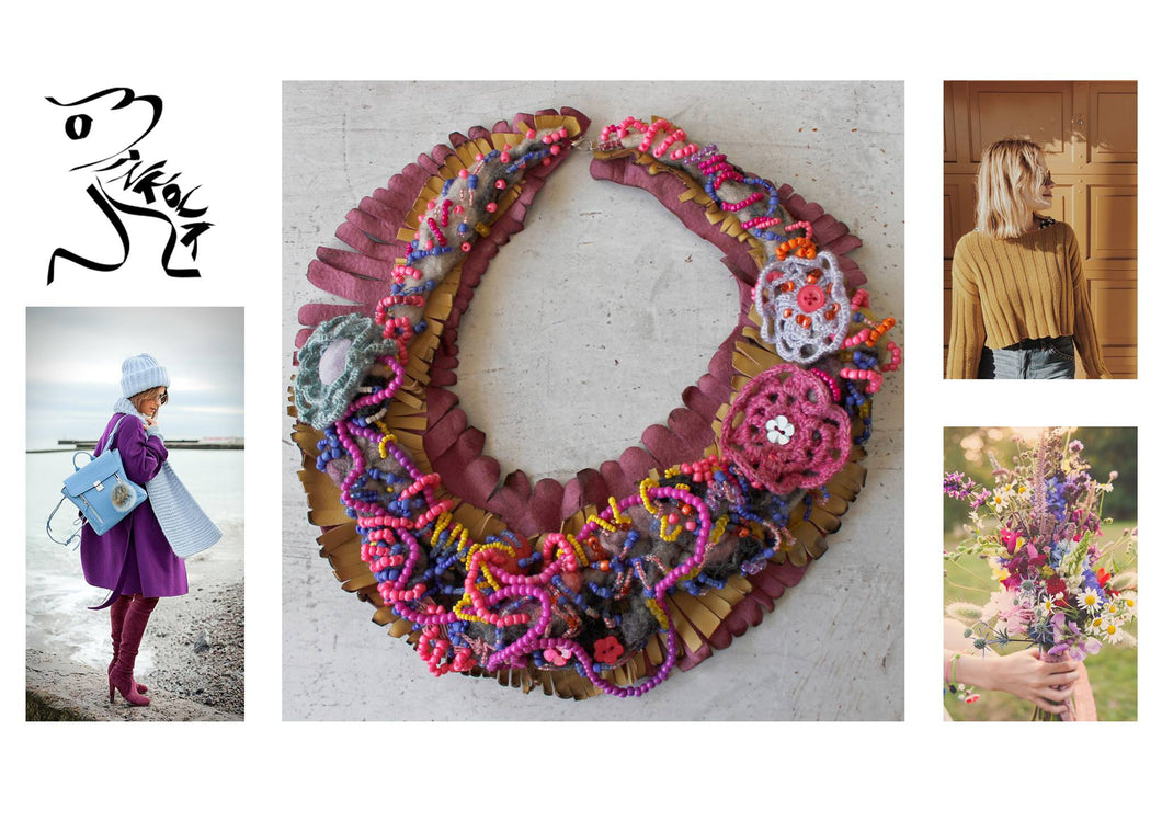 Spring necklace - LEATHER, WOOL, BEADS